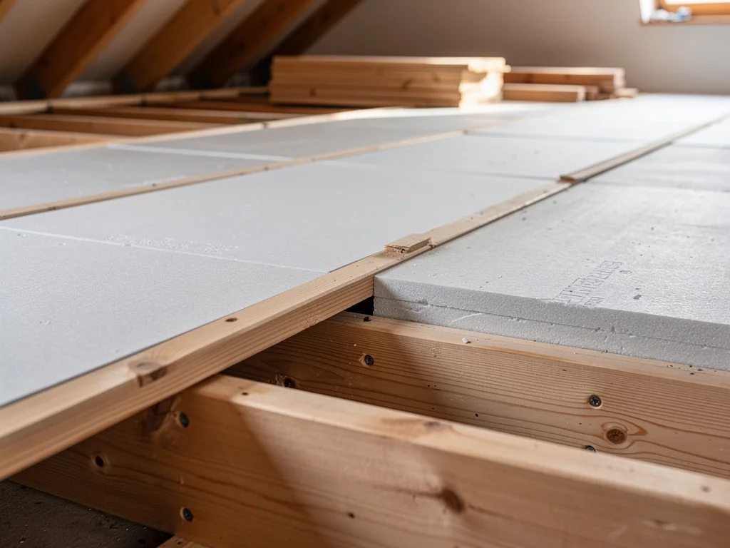 Panneaux isolants rigides posés entre solives sur le plancher de combles aménageables