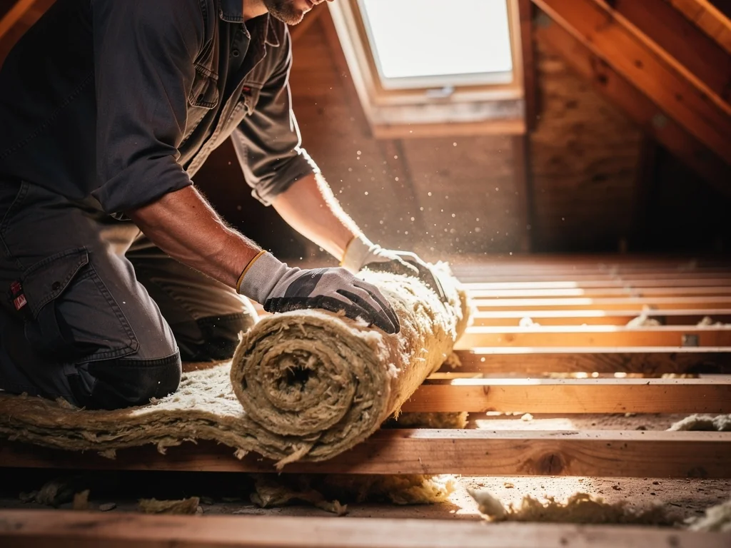 Artisan RGE déroulant un isolant entre les solives d'un plancher de combles en bois